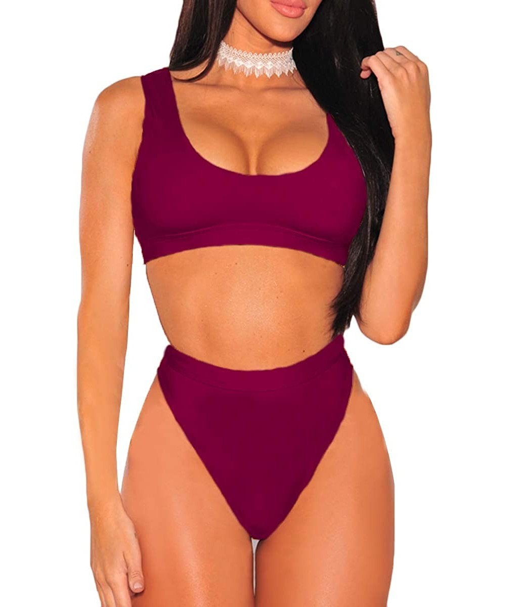 Women's Scoop Neck Crop Top High Waisted Swimsuits 2PCS Bikini Set - Wine - C918EL9YSCQ $19.14-Sets