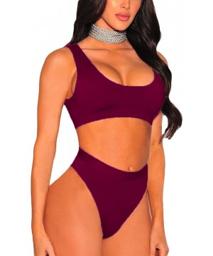 Women's Scoop Neck Crop Top High Waisted Swimsuits 2PCS Bikini Set - Wine - C918EL9YSCQ $19.14-Sets