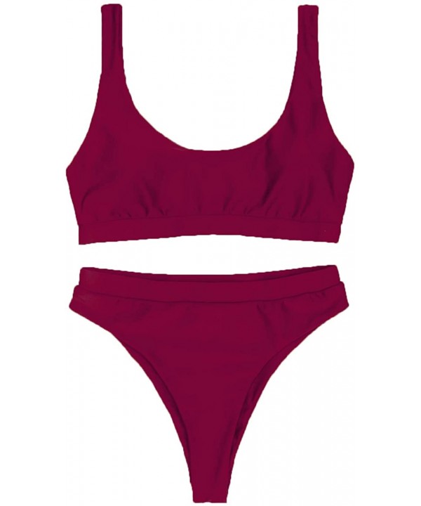 Women's Scoop Neck Crop Top High Waisted Swimsuits 2PCS Bikini Set - Wine - C918EL9YSCQ $19.14-Sets