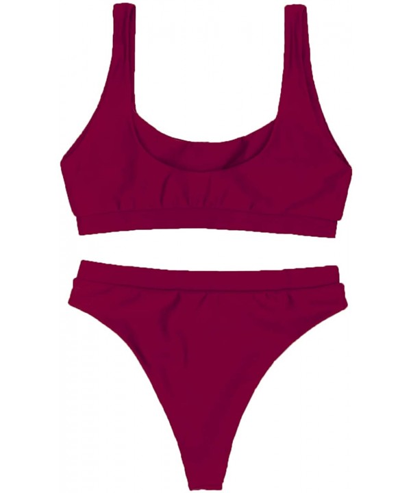 Women's Scoop Neck Crop Top High Waisted Swimsuits 2PCS Bikini Set - Wine - C918EL9YSCQ $19.14-Sets