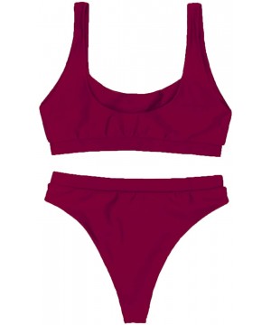 Women's Scoop Neck Crop Top High Waisted Swimsuits 2PCS Bikini Set - Wine - C918EL9YSCQ $19.14-Sets