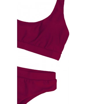 Women's Scoop Neck Crop Top High Waisted Swimsuits 2PCS Bikini Set - Wine - C918EL9YSCQ $19.14-Sets