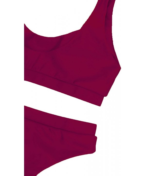 Women's Scoop Neck Crop Top High Waisted Swimsuits 2PCS Bikini Set - Wine - C918EL9YSCQ $19.14-Sets