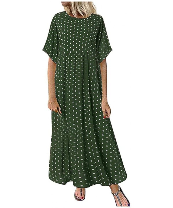 Long Summer Dresses for Women Vintage Dot Print Maxi Dress Bohemian Plus Size Dress Short Sleeve Boho Dresses Green - C618WDC...