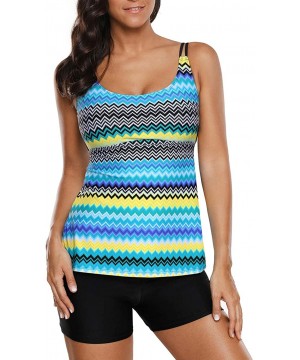 Women 2 Pieces Layered Style Printed Tankini with Boy Short Racerback Swimsuits - Blue-2 - CW18KQ0YSW3 $24.18-Tankinis