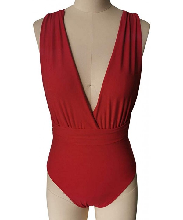 Womens One Piece Swimsuits Push Up Padded Bikini Deep V Self Tie Multiway Swimsuit Swimwear - Red - CO196T52UK9 $21.27-Racing