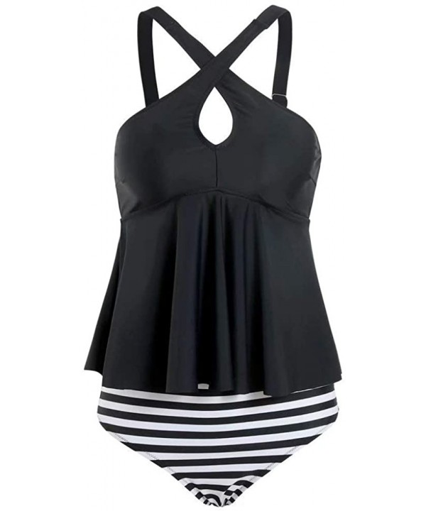 Women Fashion Tankini Bikini Summer Beach Two Pieces Swimsuit Cover Up - Black Cross Top Stripes Bottom - CJ193YYWMTX $23.18-...