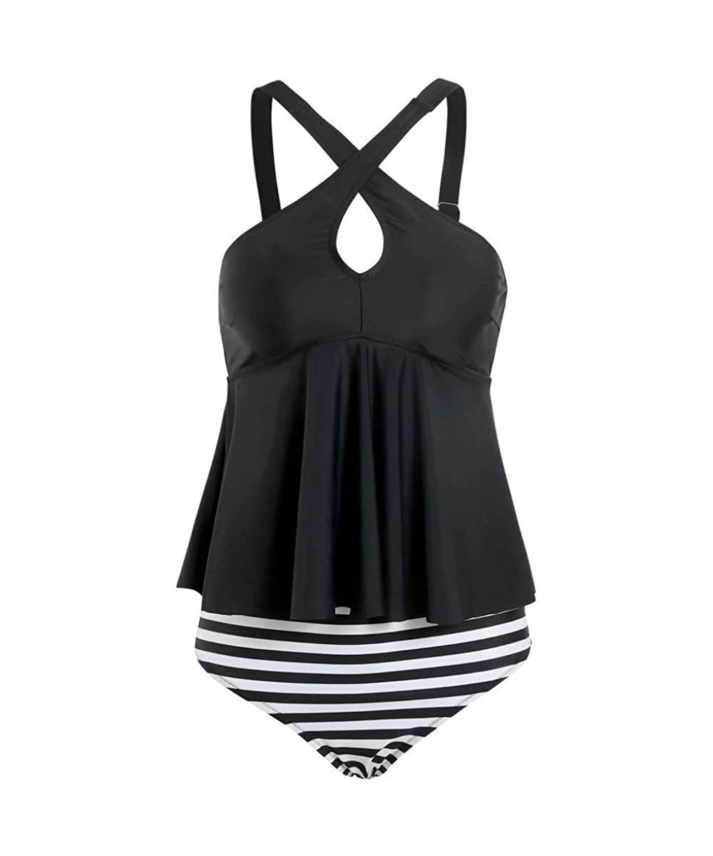 Women Fashion Tankini Bikini Summer Beach Two Pieces Swimsuit Cover Up - Black Cross Top Stripes Bottom - CJ193YYWMTX $23.18-...