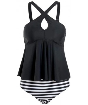 Women Fashion Tankini Bikini Summer Beach Two Pieces Swimsuit Cover Up - Black Cross Top Stripes Bottom - CJ193YYWMTX $23.18-...