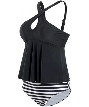 Women Fashion Tankini Bikini Summer Beach Two Pieces Swimsuit Cover Up - Black Cross Top Stripes Bottom - CJ193YYWMTX $23.18-...