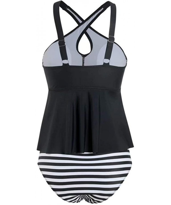 Women Fashion Tankini Bikini Summer Beach Two Pieces Swimsuit Cover Up - Black Cross Top Stripes Bottom - CJ193YYWMTX $23.18-...