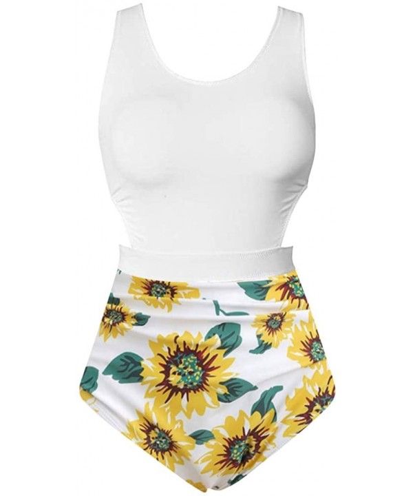 Women's Sunflower Print Tank Top High Waisted One Piece Swimsuit Zipper Floral Bathing Suit Sports Swimwear Tankini - White -...