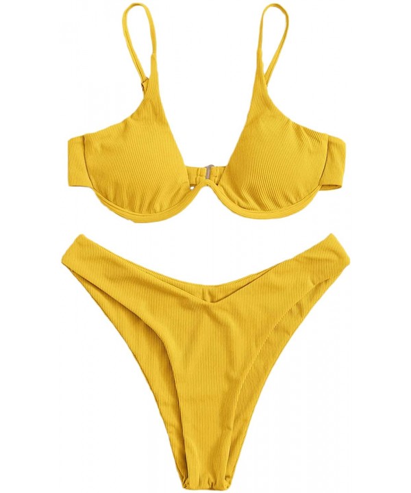 Women's 2 Piece Triangle Bikini High Cut Bathing Suit Swimsuit - Yellow-rib - C0199CDQ8DM $21.51-Sets