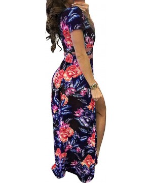 Women's Sexy V Neck Floral Printed Side Slit Two-Piece Maxi Dress for Summmer Party Beach - Dark Blue - CB18OW0O686 $19.34-Co...