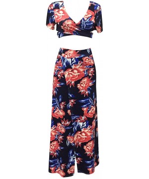 Women's Sexy V Neck Floral Printed Side Slit Two-Piece Maxi Dress for Summmer Party Beach - Dark Blue - CB18OW0O686 $19.34-Co...