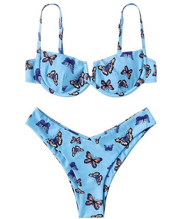 Womens Swimsuits Two Piece High Waisted Butterfly Print Bikini Swimwear Sets with Underwire Sexy Beachwear Bathing Suit - Blu...