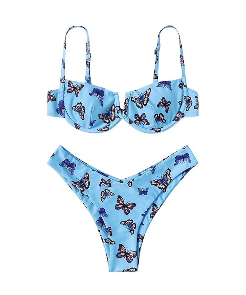 Womens Swimsuits Two Piece High Waisted Butterfly Print Bikini Swimwear Sets with Underwire Sexy Beachwear Bathing Suit - Blu...