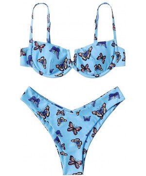 Womens Swimsuits Two Piece High Waisted Butterfly Print Bikini Swimwear Sets with Underwire Sexy Beachwear Bathing Suit - Blu...