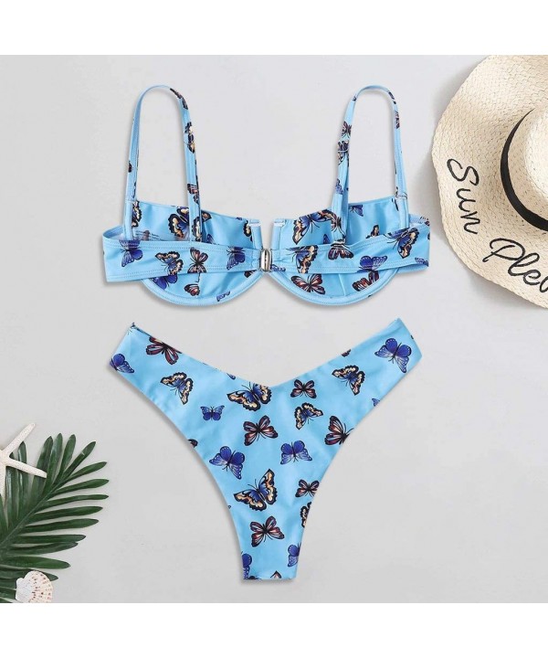 Womens Swimsuits Two Piece High Waisted Butterfly Print Bikini Swimwear Sets with Underwire Sexy Beachwear Bathing Suit - Blu...