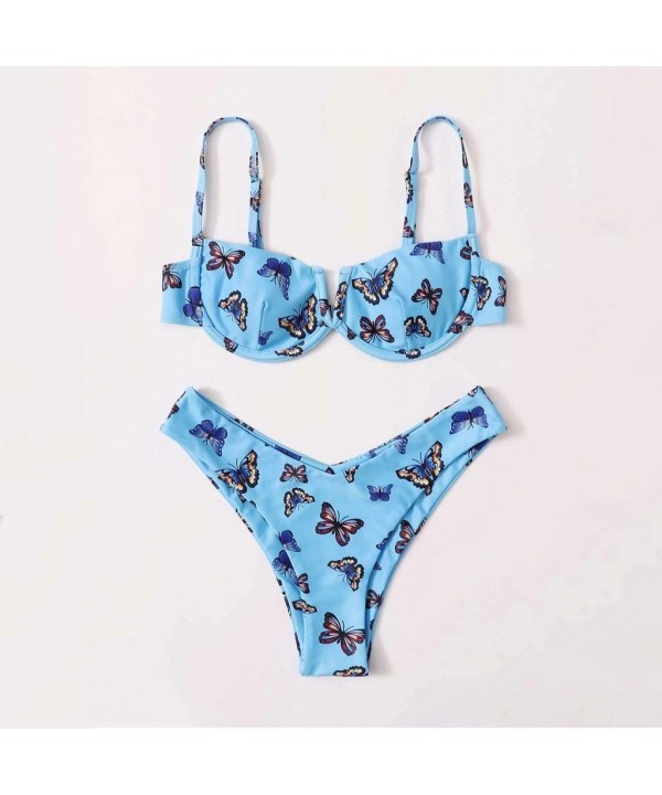 Womens Swimsuits Two Piece High Waisted Butterfly Print Bikini Swimwear Sets with Underwire Sexy Beachwear Bathing Suit - Blu...