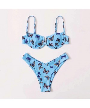 Womens Swimsuits Two Piece High Waisted Butterfly Print Bikini Swimwear Sets with Underwire Sexy Beachwear Bathing Suit - Blu...