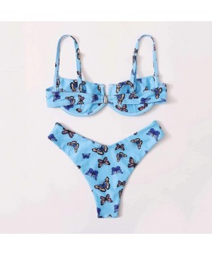 Womens Swimsuits Two Piece High Waisted Butterfly Print Bikini Swimwear Sets with Underwire Sexy Beachwear Bathing Suit - Blu...