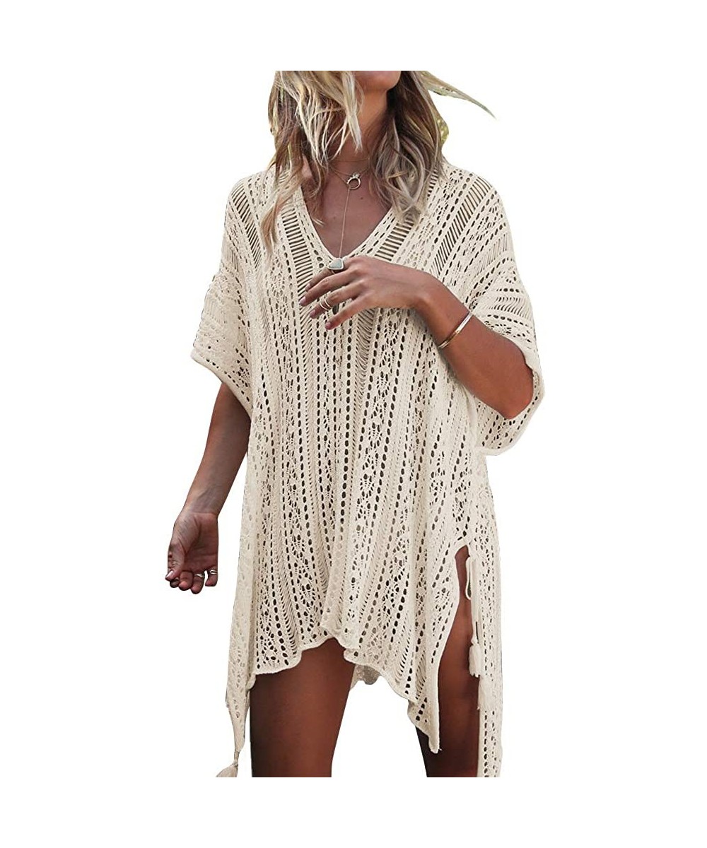 Women's Floral Crochet Bohemian Lace Beach Bikini Swimsuit Cover Ups Long Vintage Kimono Cardigan - Beige - C118RHUKGOM $19.7...