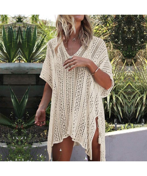 Women's Floral Crochet Bohemian Lace Beach Bikini Swimsuit Cover Ups Long Vintage Kimono Cardigan - Beige - C118RHUKGOM $19.7...