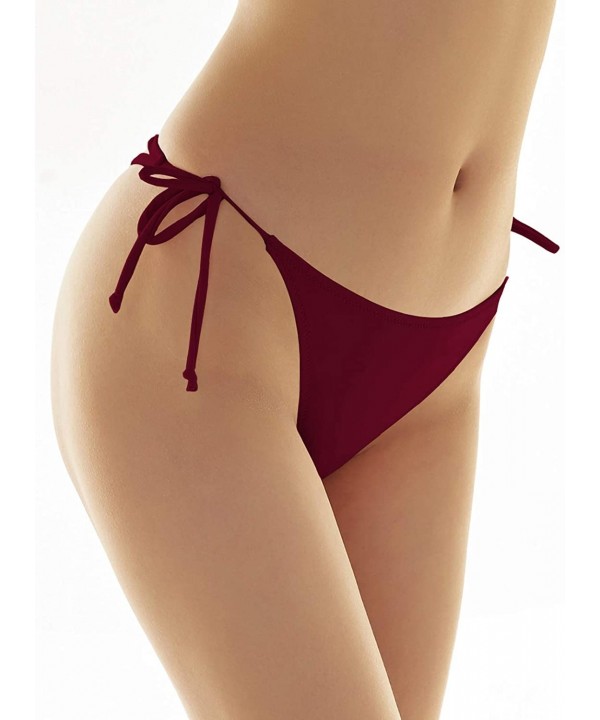 Womens Brazilian Low Rise Tie-Side Ruched Back Thong Bikini Bottom Swim Brief - Wine Red-d - CJ17YYDN0HU $14.26-Sets