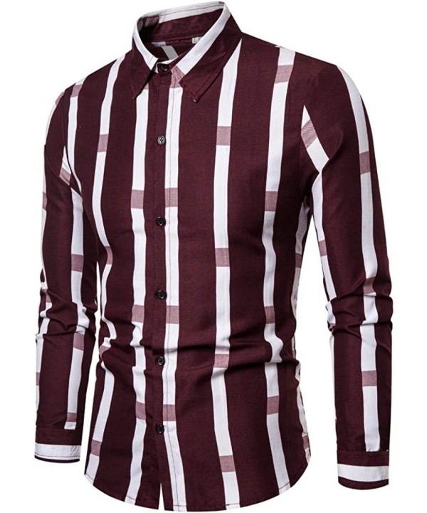 Long-Sleeved Shirt Men Splicing Striped Business Leisure Retro Top Blouse Tee - Red - CT1942HDN6N $18.48-Rash Guards