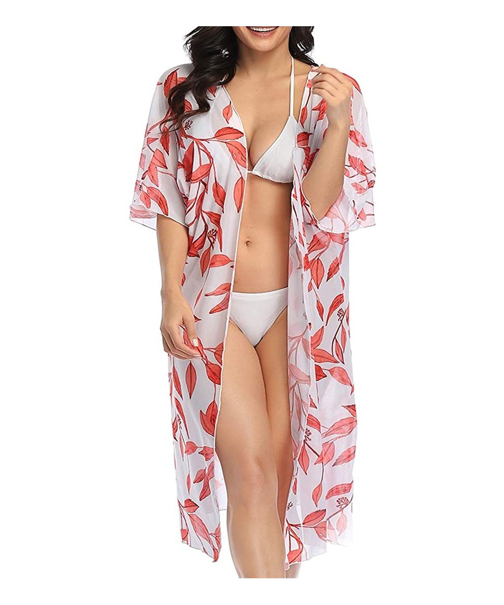 Women's Chiffon Swimwear Cover Up Floral Kimono Cardigan Loose Tops Outwear - Red-leave-09 - CK196HEGHYT $17.38-Cover-Ups