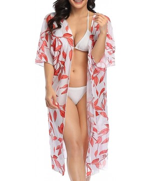 Women's Chiffon Swimwear Cover Up Floral Kimono Cardigan Loose Tops Outwear - Red-leave-09 - CK196HEGHYT $17.38-Cover-Ups