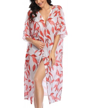 Women's Chiffon Swimwear Cover Up Floral Kimono Cardigan Loose Tops Outwear - Red-leave-09 - CK196HEGHYT $17.38-Cover-Ups