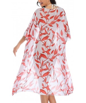 Women's Chiffon Swimwear Cover Up Floral Kimono Cardigan Loose Tops Outwear - Red-leave-09 - CK196HEGHYT $17.38-Cover-Ups