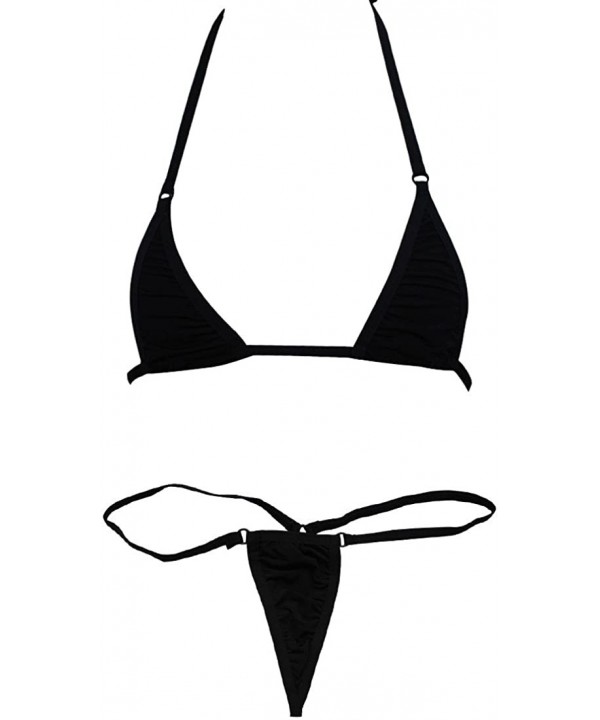 Women's Brazilian Bikini 2 Pieces Halter Sliding Bra Top G-String Thong Set Micro Swimsuit - Black - CZ196AU7642 $13.57-Sets