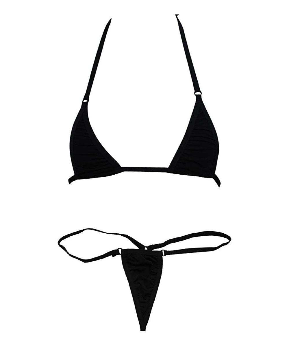 Women's Brazilian Bikini 2 Pieces Halter Sliding Bra Top G-String Thong Set Micro Swimsuit - Black - CZ196AU7642 $13.57-Sets