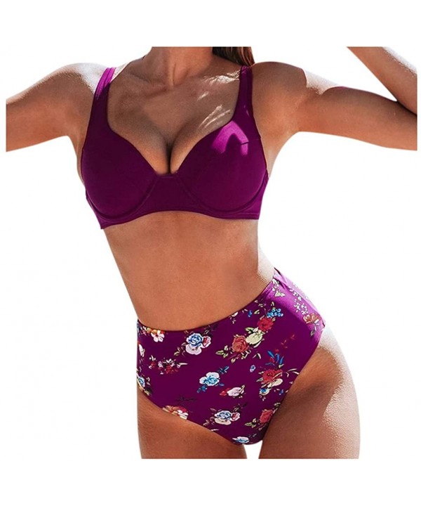 Women Printed Swimsuits Set Plus Size High Waist Bathsuit Top with Swim Bottom - Purple - CV196R88DWR $51.15-Rash Guards