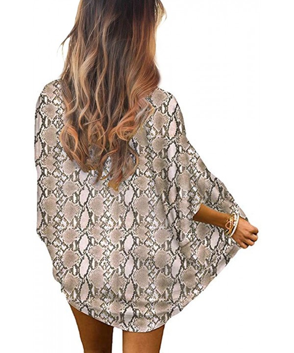 Women's Floral Print Kimono Loose Cardigan Half Sleeve Chiffon Shawl Casual Open Front Beach Cover Up Blouse - Snakeskin Prin...