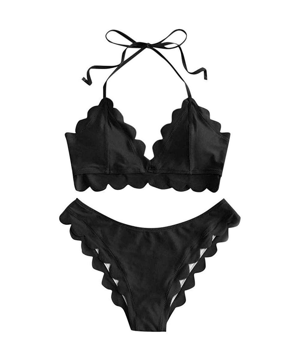 Womens Two Pieces Swimsuits for Women Vintage High Waisted Scalloped Trim Beach Swimwear Bikini Set Bathing Suits - 3-black -...