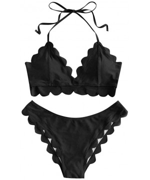 Womens Two Pieces Swimsuits for Women Vintage High Waisted Scalloped Trim Beach Swimwear Bikini Set Bathing Suits - 3-black -...