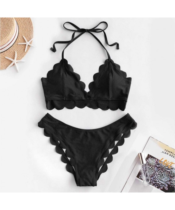 Womens Two Pieces Swimsuits for Women Vintage High Waisted Scalloped Trim Beach Swimwear Bikini Set Bathing Suits - 3-black -...