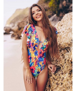 One Piece Flounce Swimsuit Ladies Ruffle Deep V Neck Floral Print Plunging Bathing Suit Monokini - Print4 - C4197CY88HK $22.2...