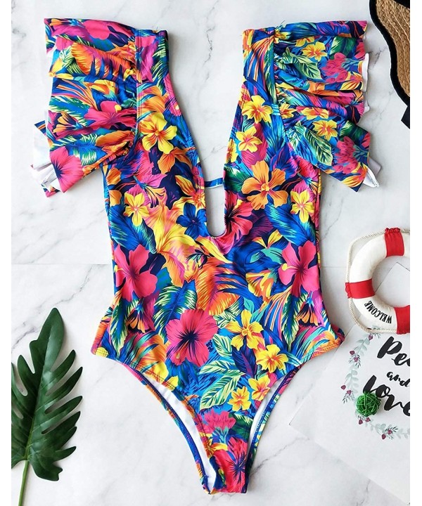 One Piece Flounce Swimsuit Ladies Ruffle Deep V Neck Floral Print Plunging Bathing Suit Monokini - Print4 - C4197CY88HK $22.2...