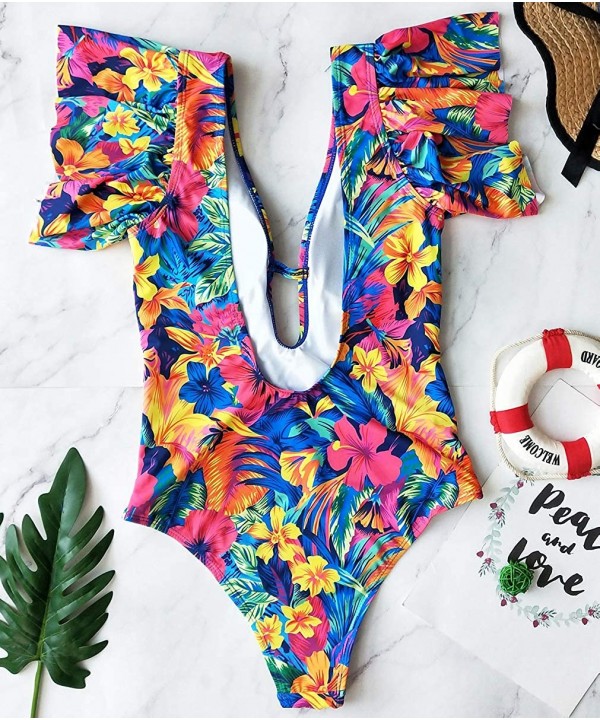 One Piece Flounce Swimsuit Ladies Ruffle Deep V Neck Floral Print Plunging Bathing Suit Monokini - Print4 - C4197CY88HK $22.2...