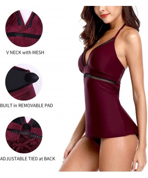 Women's Ruched Solid Two-Piece Swimsuit Tankini Set Swimwear - Wine Mesh - CP18M3Y90ZO $21.53-Tankinis