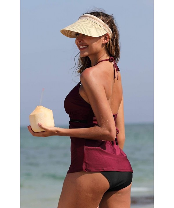 Women's Ruched Solid Two-Piece Swimsuit Tankini Set Swimwear - Wine Mesh - CP18M3Y90ZO $21.53-Tankinis