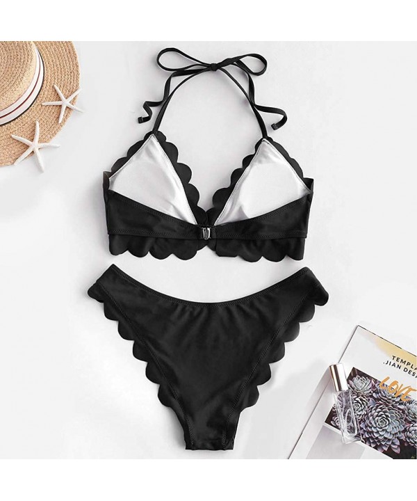 Womens Two Pieces Swimsuits for Women Vintage High Waisted Scalloped Trim Beach Swimwear Bikini Set Bathing Suits - 3-black -...