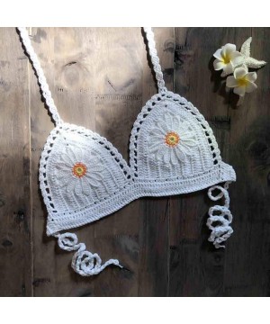 Women Halter Sunflower Crochet Triangle Handmade Bikini Top Push Up Padded V-Neck Lace-Up Woven Swimsuit - White - CH194DTWSE...