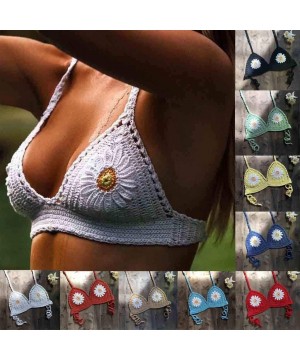 Women Halter Sunflower Crochet Triangle Handmade Bikini Top Push Up Padded V-Neck Lace-Up Woven Swimsuit - White - CH194DTWSE...