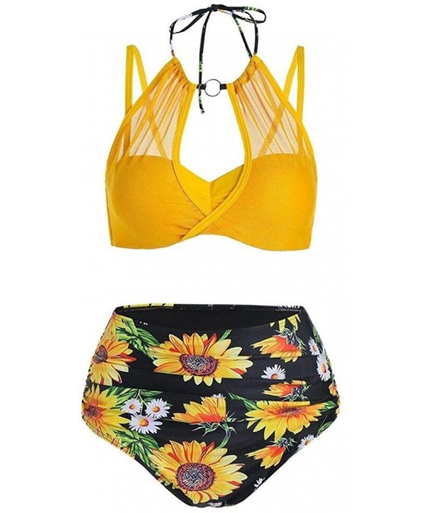 Women Sunflower Tummy Control Halter Wrap Bikini Swimwear - Multi-a - CJ199RN6559 $25.45-Sets